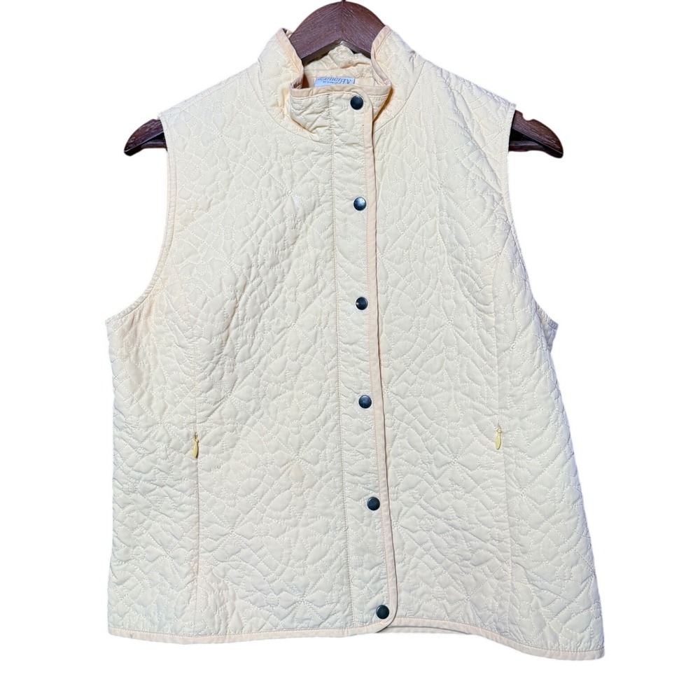 Zenergy by Chico's Quilted Vest Women Size 1 Yellow Floral Stitch Zip Snap Retro
